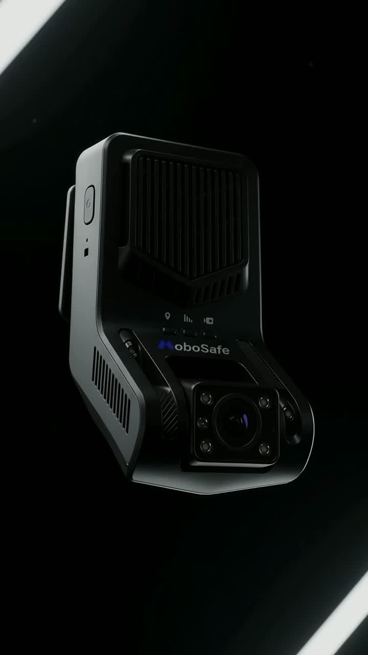 The MoboSafe AI dashcam, a vented black housing with a road-facing lens and infrared LEDs